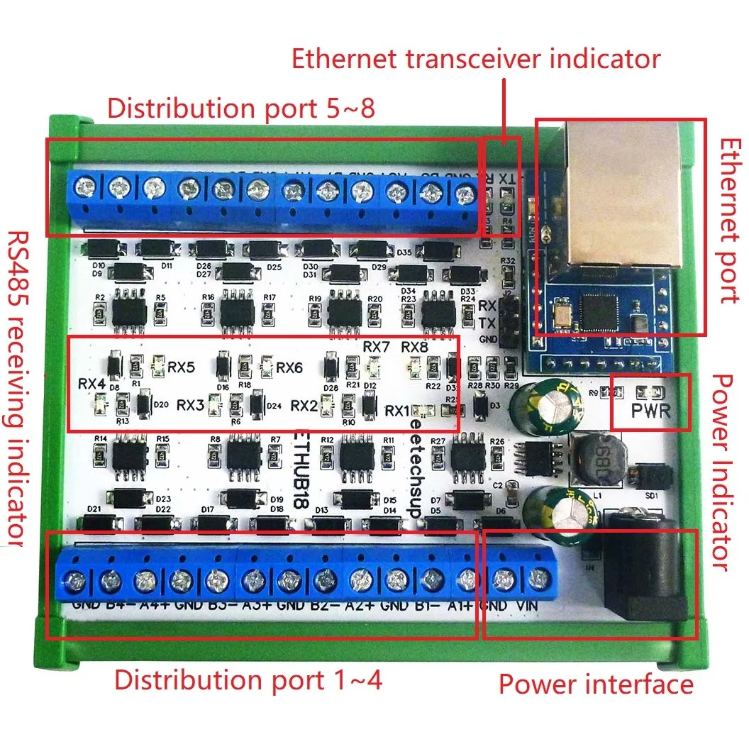 3PCS ETHUB18 DC 8-30V 1 Ethernet to 8 RS485 HUB modulis UDP TCP Modbus TCP RTU MQTT HTTP PLC konfigūravimo programinė įranga