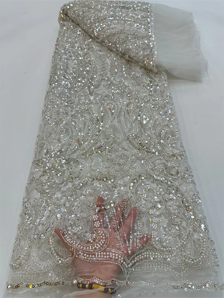  Afrikos grynasis nėrinių audinys Aukštos kokybės vamzdžių karoliukai Blizgučiai Baltas prancūziškas nuotakos tinklelis Nėrinių audinys vestuvių vakarėlio suknelės siuvimui Rf