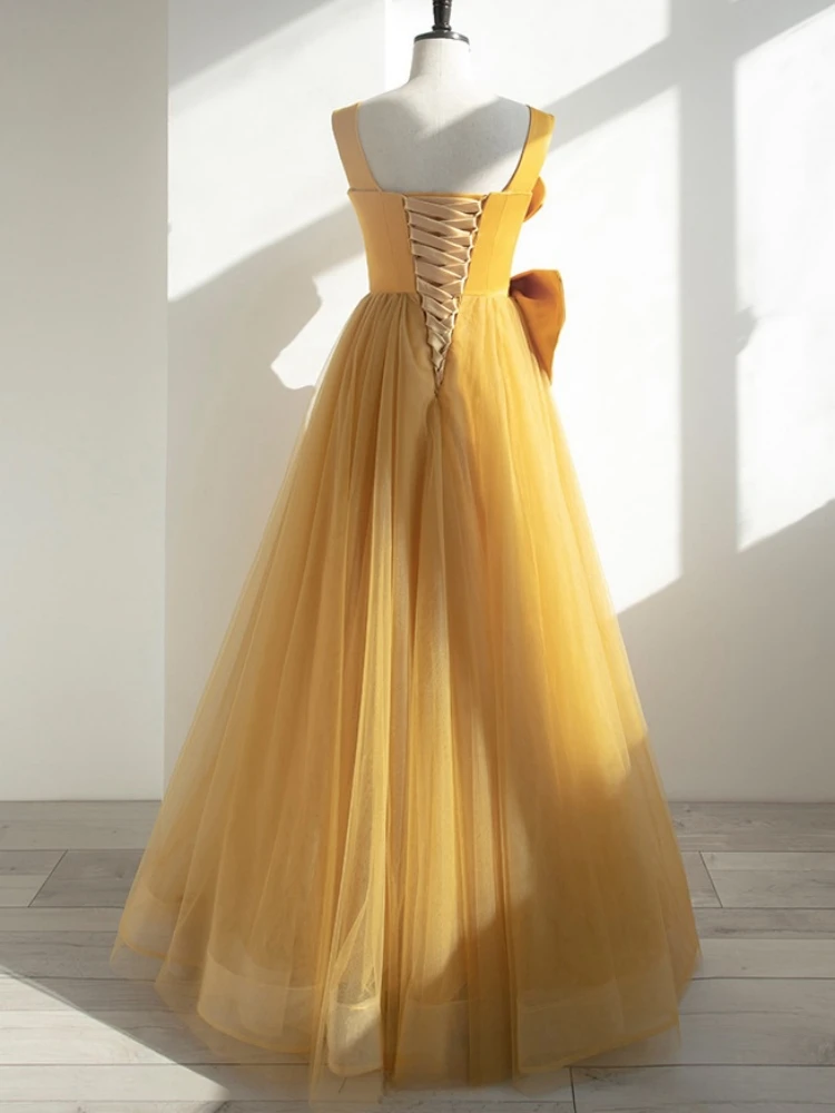 Ashely Alsa Real Picture Gold Yellow Formal Evening Dress Ruched Bow A Line Long Women Prom Wedding Party Dresses Homecoming
