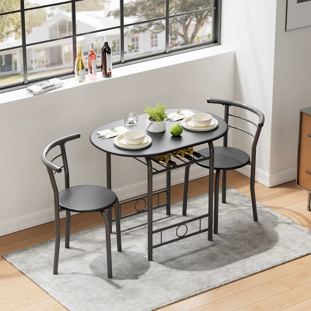 BOUSSAC 3 dalių valgomojo komplektas 2 mažiems virtuvės pusryčių stalo komplektams Vietą taupantis medinės kėdės ir stalo komplektas, juoda