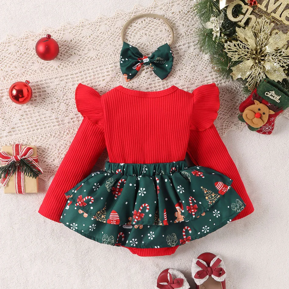 Baby Girl 2PCS Kalėdinė apranga Baby Long Sleeveed Pit Print Letter Printed Sijonas su drugelio kaklaraiščiu Plaukų juostos smėlinukai