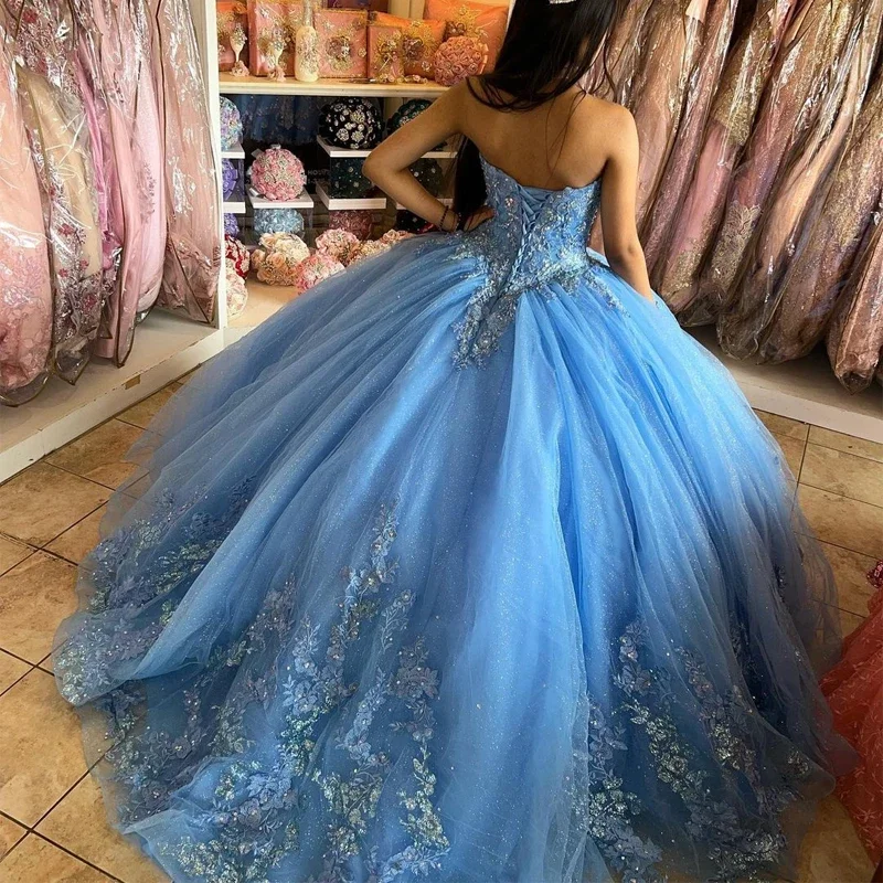 Blue Ball Gown Quinceanera Dresses 15 Party Glitter Tiulio aplikacija Oficialus maskaradas Pelenės gimtadienio suknelė