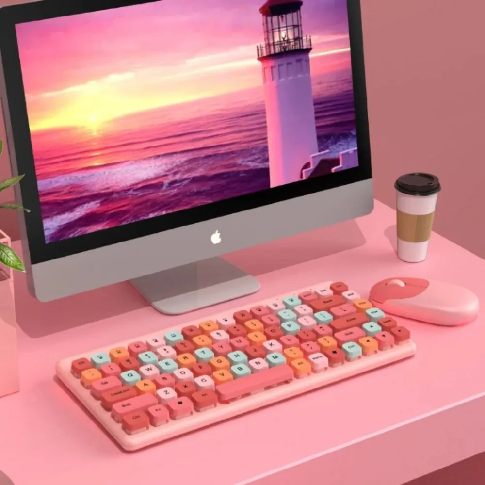Bluetooth belaidės klaviatūros ir pelės rinkiniaiSmall Fresh Macaron Color Girls Lovely Chocolate Silent Infinite Color Keyboard Punk