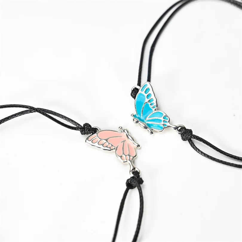 Boho Pink Blue Butterfly apyrankių rinkinys moterims Geometrinis vabzdžių žavesys Drugelio virvės apyrankės Vakarėlio papuošalų aksesuarų dovana