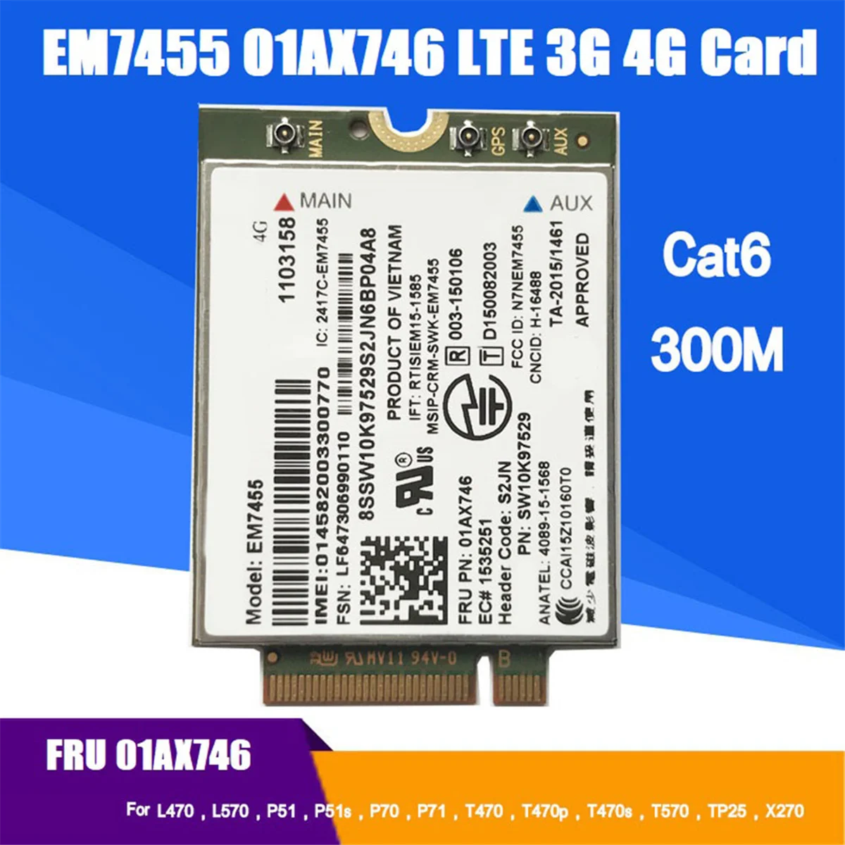 EM7455 01AX746 LTE 3G 4G kortelė+Antena Thinkpad X1 Carbon 5Th Gen X270 T470 T470S T470P T570 L570 L470 P51 P71