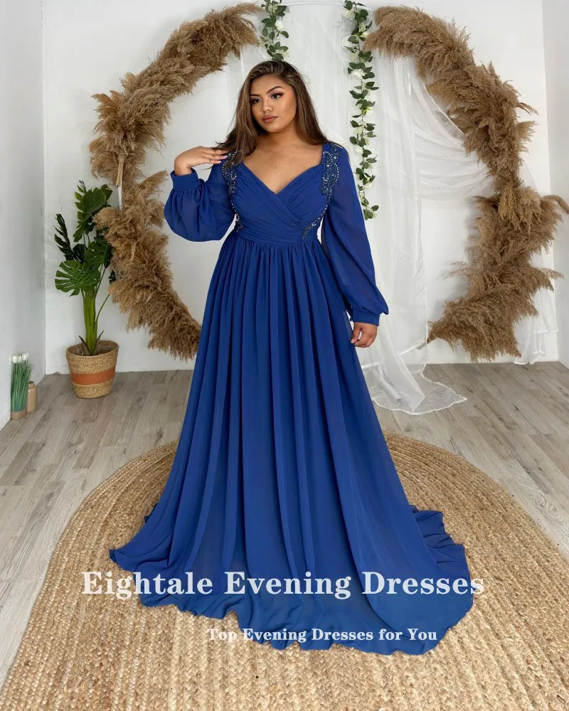 Eightale Blue Prom suknelės V-Neck aplikacijos Karoliukais ilgomis rankovėmis A-Line Šifono vakarinis vakarinis chalatas Femme Soiré