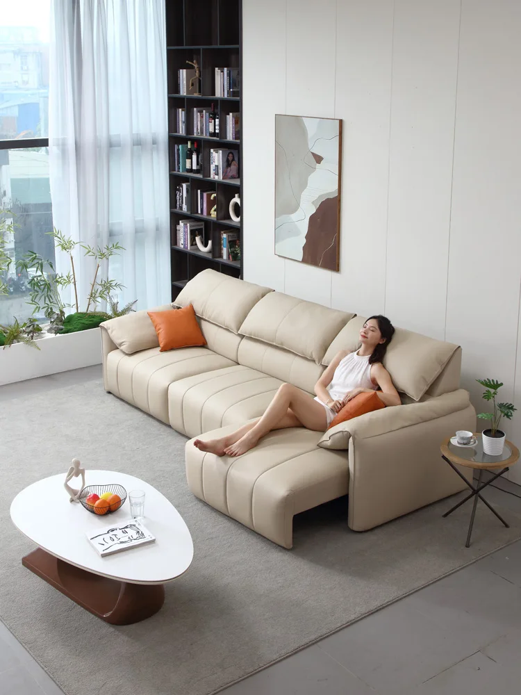 Elektrinė funkcinė sofa, modernaus ir minimalistinio dydžio, svetainė trims žmonėms, tiesios eilės dramblio ausies odinė sofa-lova