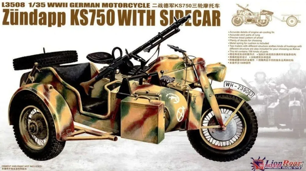 Great Wall Hobby L3508 1/35 Scale WWII German Motorcycle Zundapp KS750 w/SideCar Plastic Model Kit