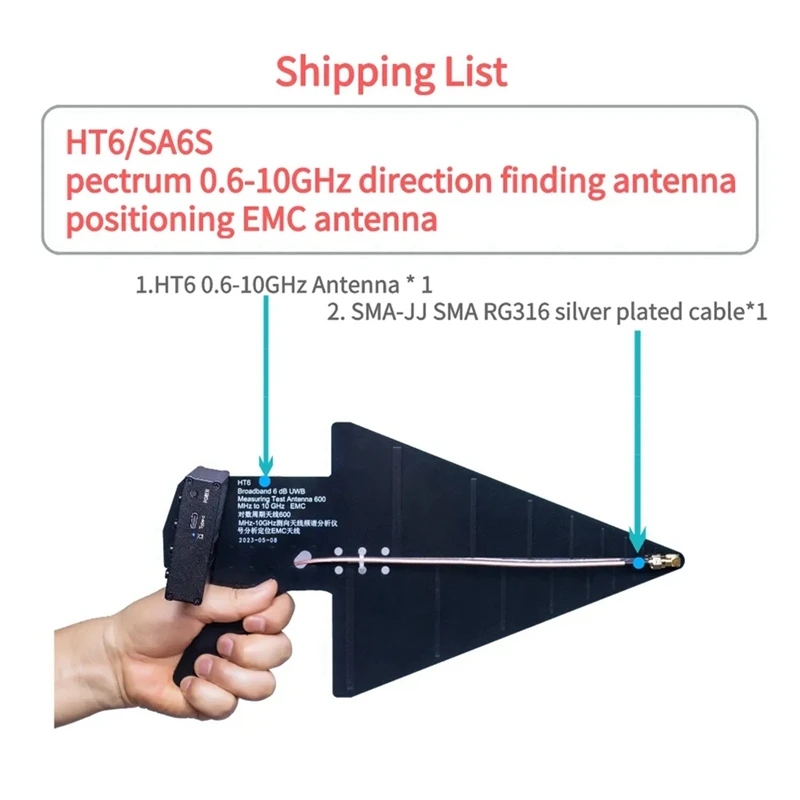 HT6 50 omų, tinka SA6 spektro analizatoriui Plačiajuostė antena 5W kryptinė antena RF 600M-10G UWB antenos plokštė