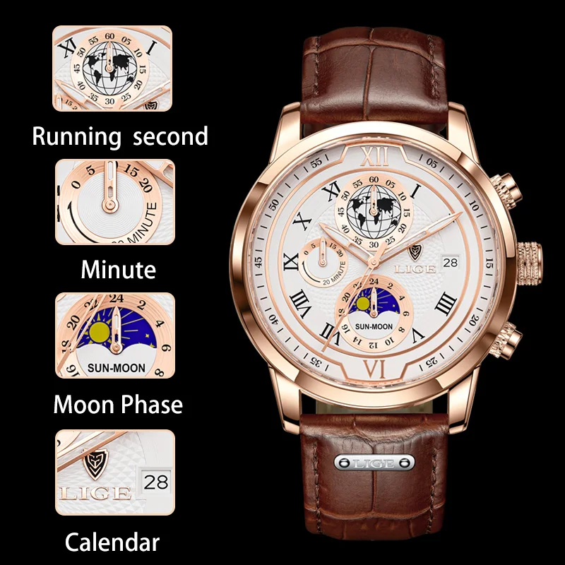LIGE Vyriški laikrodžiai Aukščiausio prekės ženklo prabangus verslas Madingas odinis dirželis Kvarcinis laikrodis vyrams Laisvalaikio sportas Neperšlampamas šviečiantis vyro laikrodis