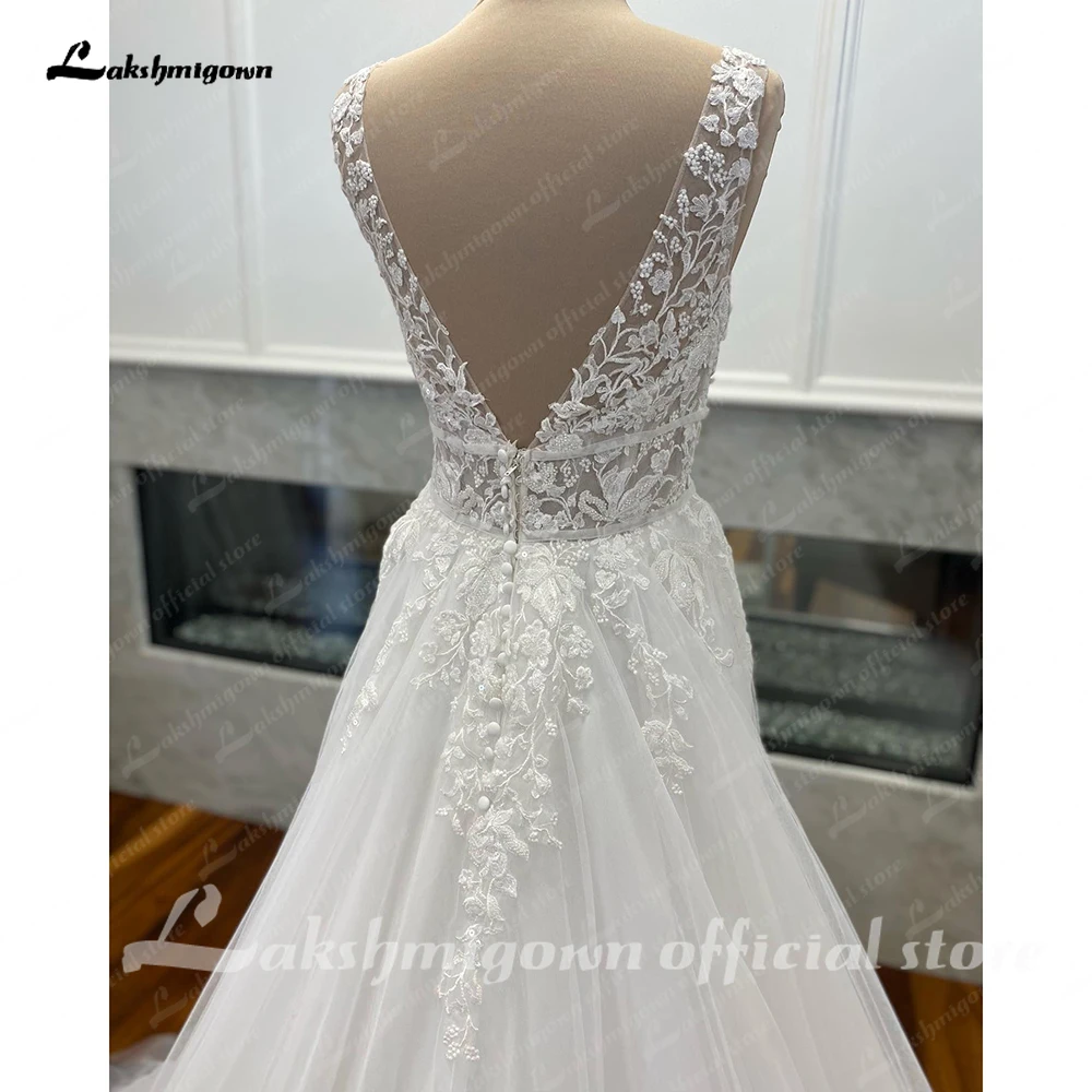 Lakshmigown Nėrinių gėlėta vestuvinė suknelė moterims 2024 Aplikacijos Nuotakos vestuvinė suknelė be nugaros Pagal užsakymą pagamintas chalatas de mariee