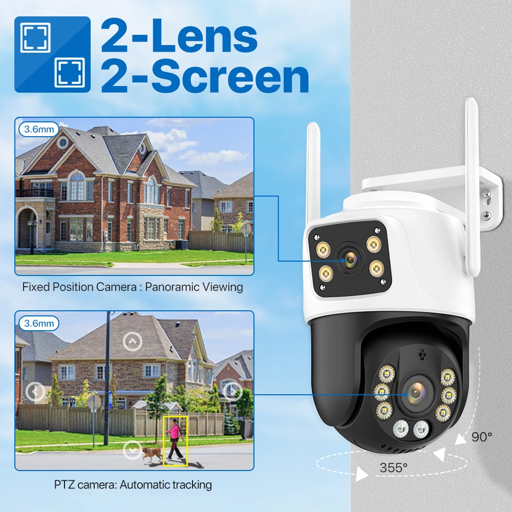 Lauko PTZ 8MP 4K Wifi stebėjimo kamera Dviejų objektyvų dviejų ekranų AI automatinio sekimo apsaugos kamera 