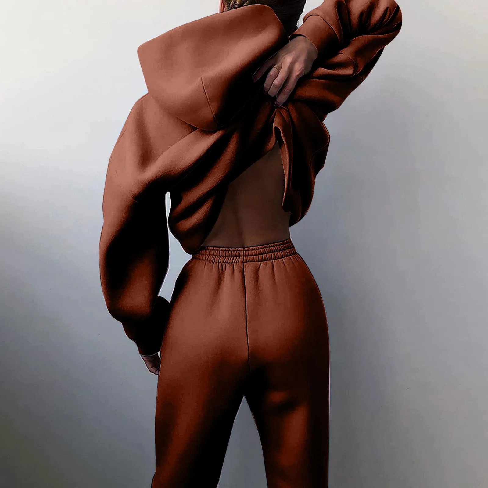 Moterys Solid Solor Casual Fashion Ilgos kelnės Storos ilgomis rankovėmis džemperis su gobtuvu Kostiumas Laisvas prigludusios sportinės kelnės Dviejų dalių komplektas Apranga