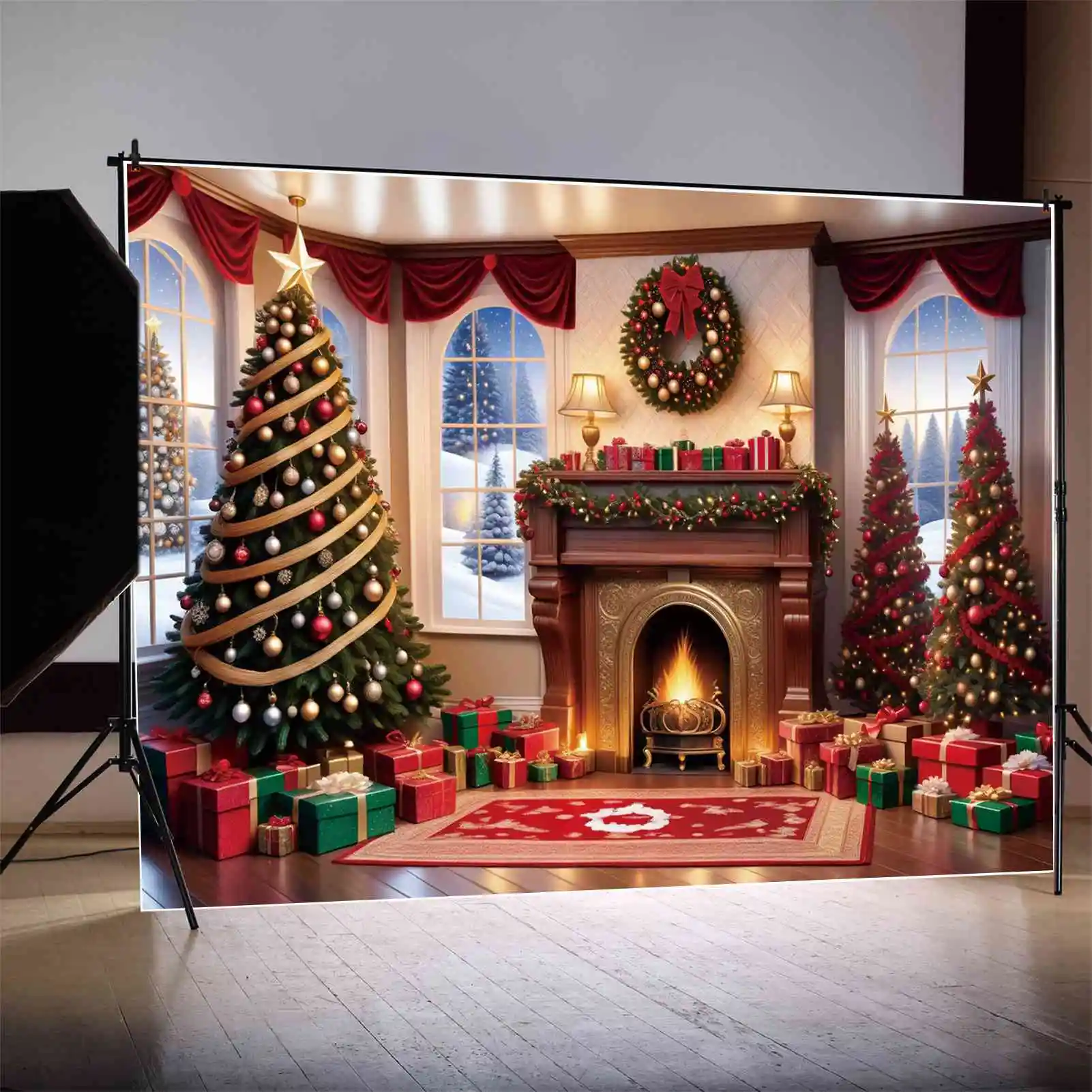 MĖNULIS. QG fonas Kalėdų namų židinys Fotografija Fonas Vaikų papuošalai Medžio dovanos Arkos langų dekoracijos Rekvizitai