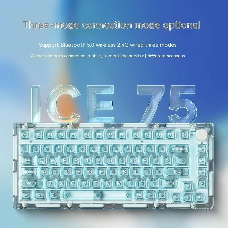 New Ice75 trijų režimų mechaninė klaviatūra daugiafunkcinė karštai keičiama su Rgb skaidriais klavišų dangteliais Žaidimo mechaninė klaviatūra