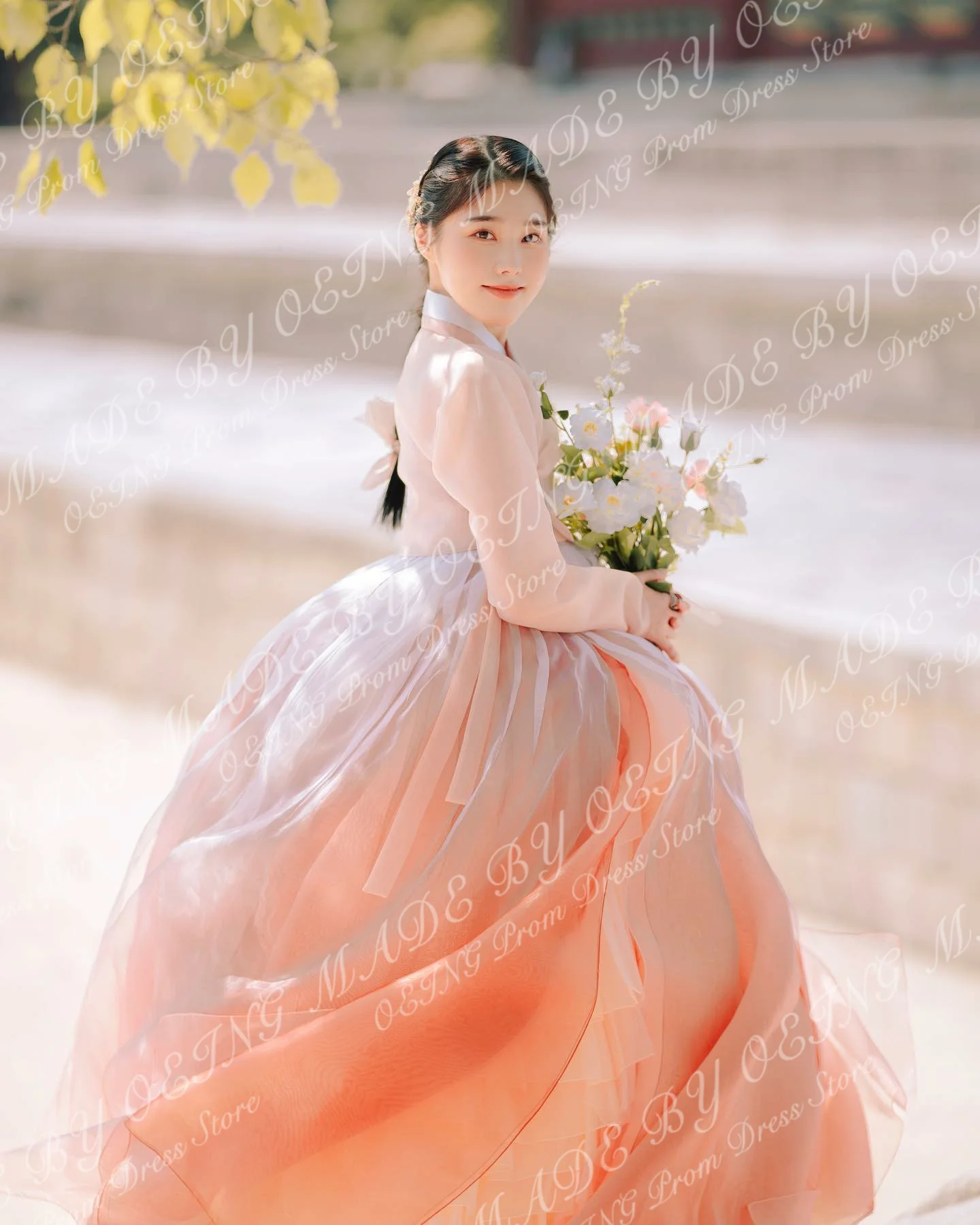 OEING Korea Blush Pink Porm Suknelės Elegantiškos Organza ilgomis rankovėmis Grindų ilgis Tiulis Pakopinis A linijos vakariniai chalatai fotosesijai