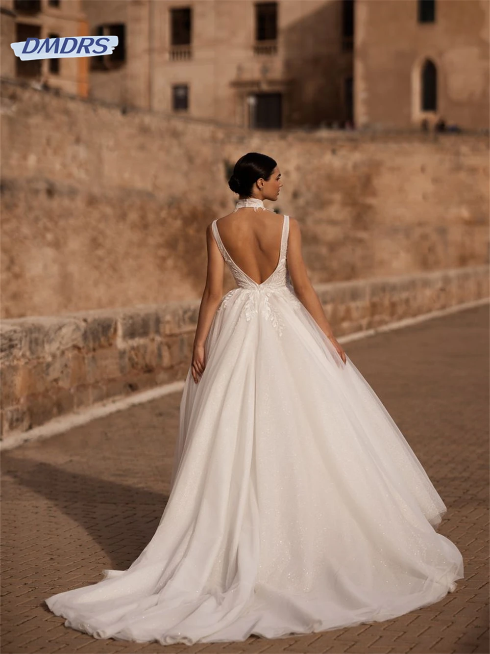 Paplūdimio blizgučiai Aplikacijos vestuvinė suknelė Romantiška tanko rankovė Grindų ilgio nuotakos šydas Pastrolis Vestidos De Novia