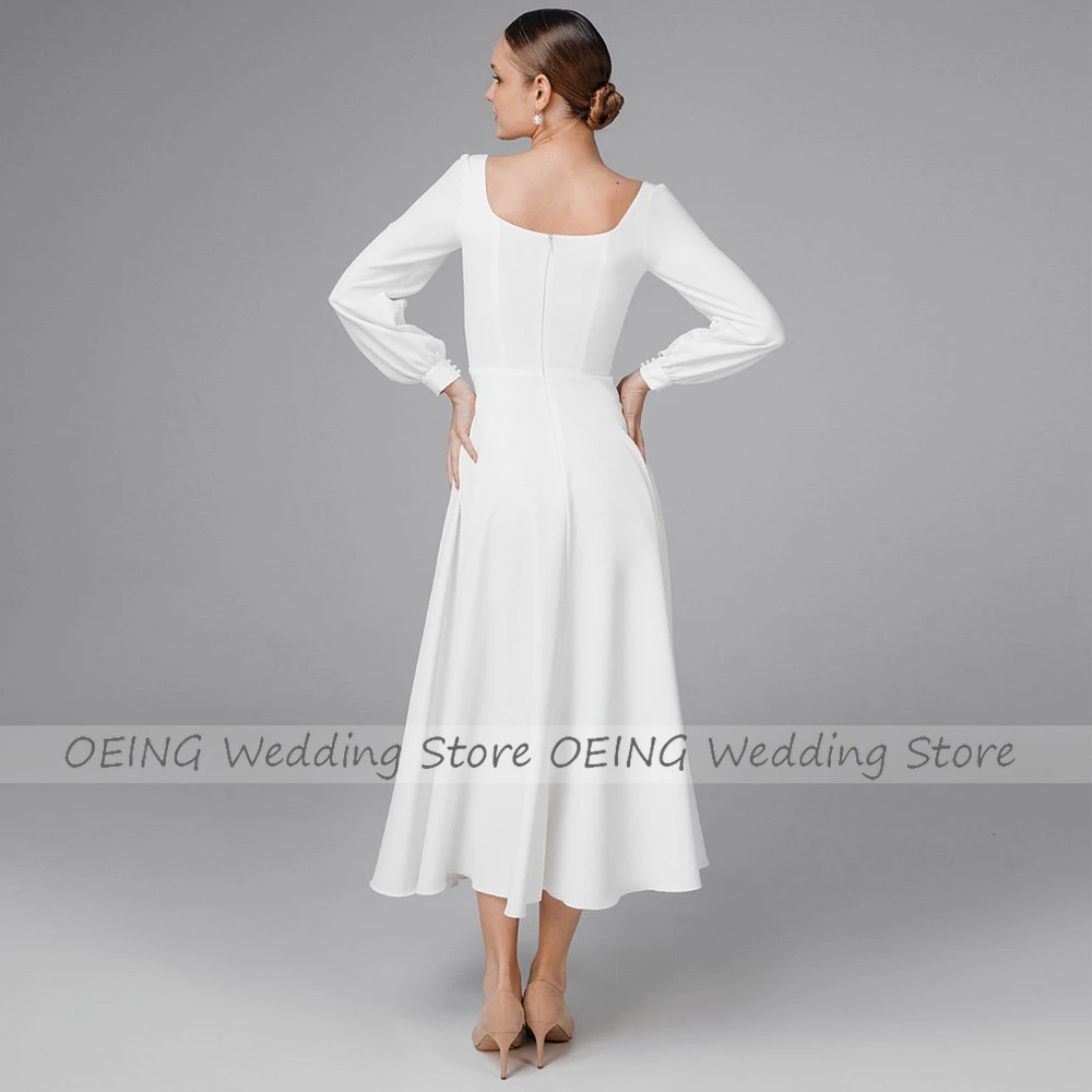 Paprastos trumpos vestuvinės suknelės Baltos ilgos rankovės A Line Tea Lenath vestuvinė suknelė moterims Nuotakos kvadratinė apykaklė Midi nuotakos suknelė