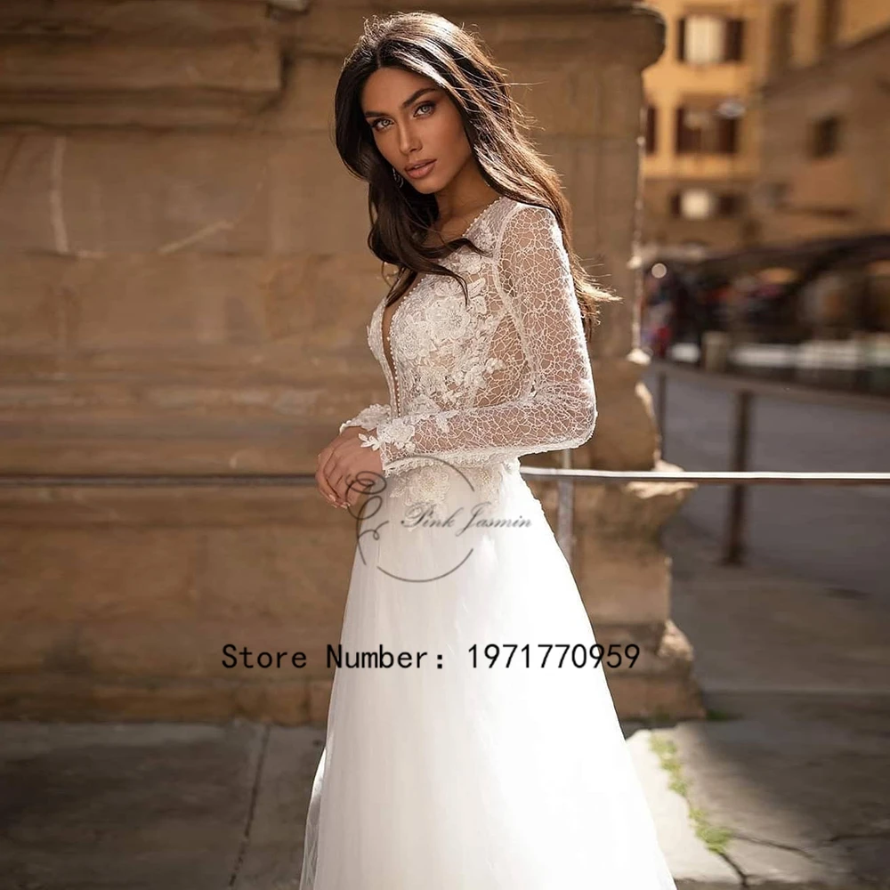 Prabangios vestuvinės suknelės moterims 2024 Blizgučiai ilgomis rankovėmis Pagal užsakymą pagamintos nugaros aplikacijos A linijos vestuvinė suknelė Vestidos de Novia Nauja