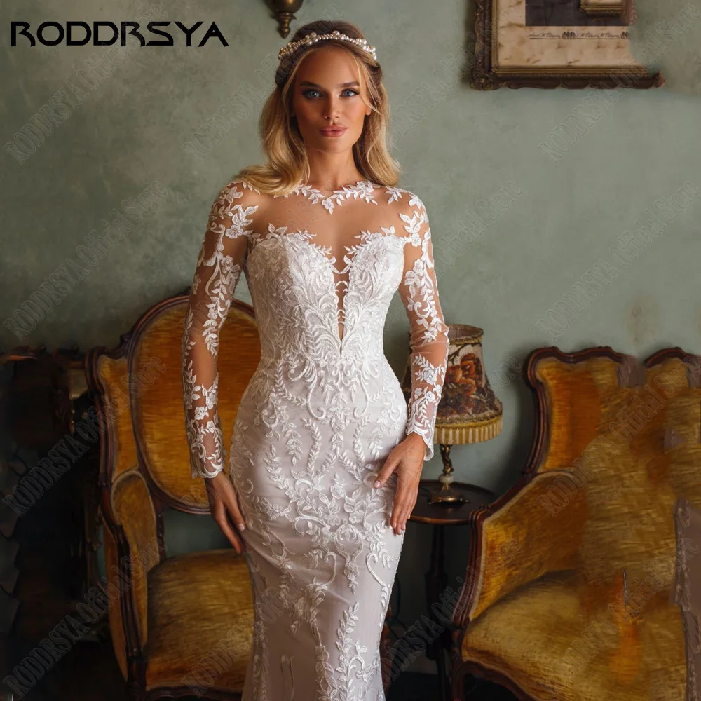 RODDRSYA Išskirtinė undinėlės vestuvinė suknelė ilgomis rankovėmis O-Kaklo nėrinių aplikacija Nuotakos chalatai Iliuzija Atgal Tiulis Vestidos De Novia