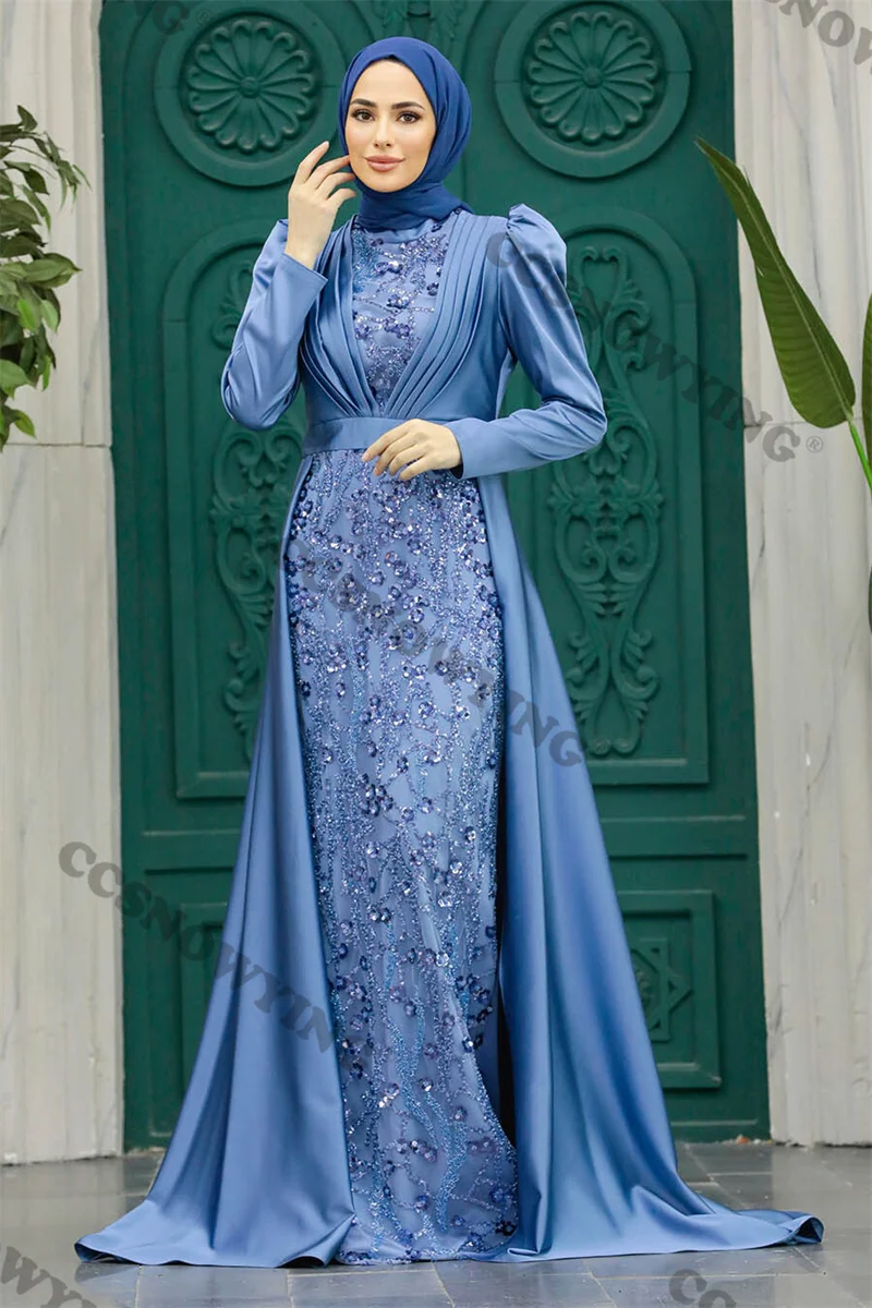 Satino aplikacijos Karoliukais puoštos hidžabo musulmonų vakarinės suknelės ilgomis rankovėmis A linija Islamo oficiali vakarėlio suknelė Moterys Arabiški chalatai De Soirée