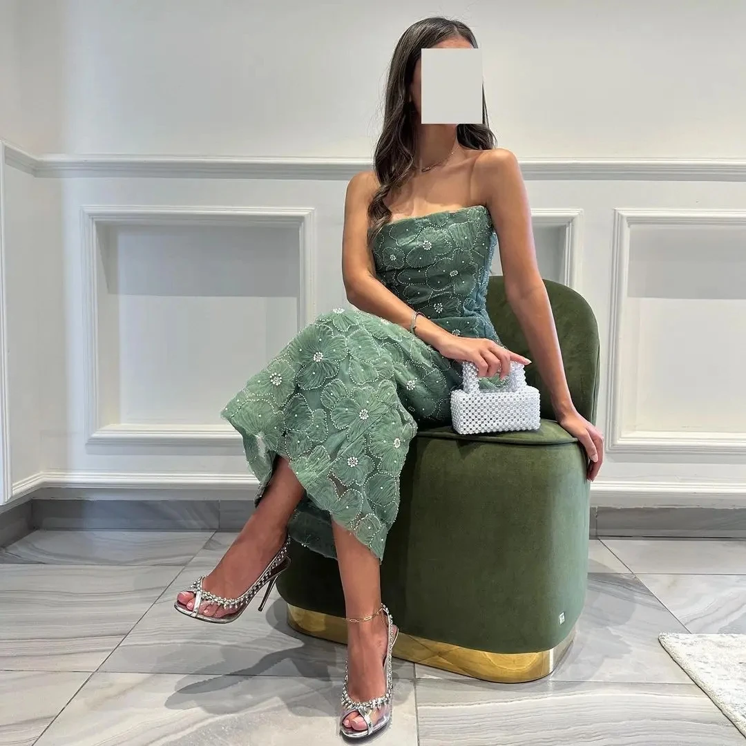 Saudo Arabija Undinėlė Prom suknelės 3D Gėlės Vakarinės suknelės Gėlės Karoliukų karoliukų ilgis Moteriškos oficialios progos Vakarėlių suknelės