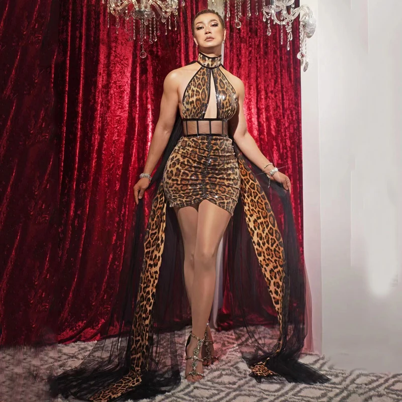 Seksualios leopardo kalnų krištolo vakarinės suknelės be rankovių tuščiavidurė suknelė tinklelis Apsiaustas Moterų gimtadienio vakarėlio kostiumas Festivalio apranga XS4762