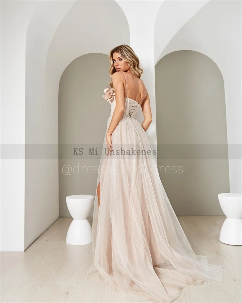 Sexy Boho Champagne Pink Beach vestuvinės suknelės 3D gėlės Blizgučiai Nuotakos suknelė plius dydis Korsetas Nugara Vestuvinės suknelės Split Side