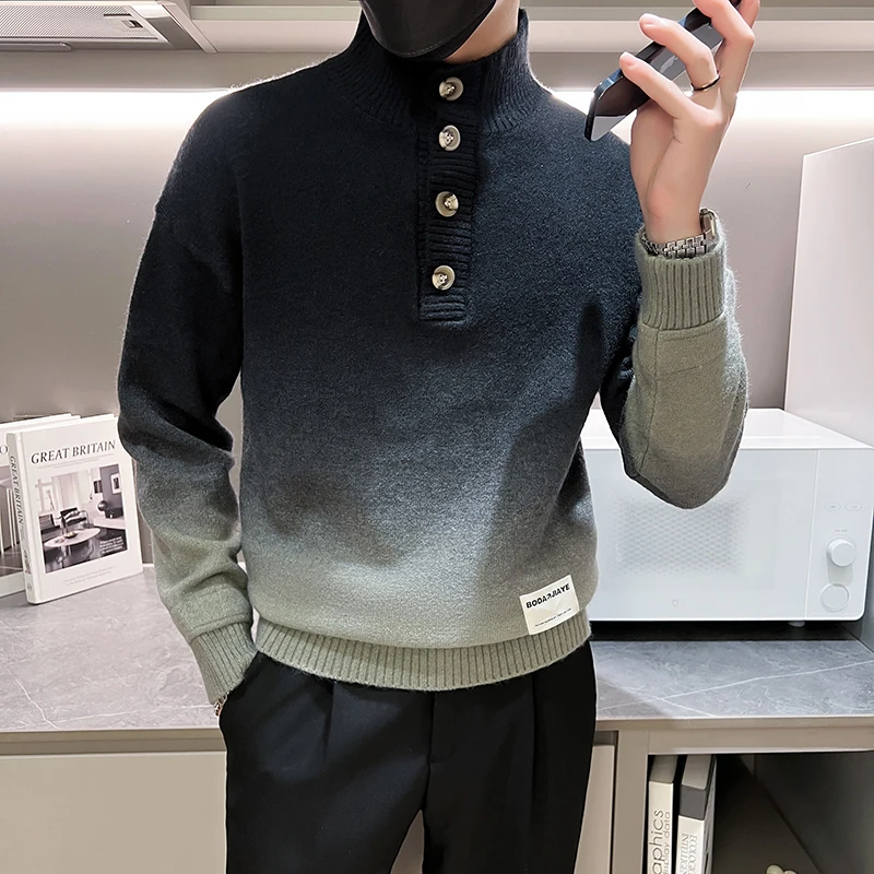 Streetwear Vintage Mock Neck Pullover Megztinis Vyrai Prekės ženklas Gradiento spalva Vyriški megztiniai Aukštos kokybės patogūs Pull Homme