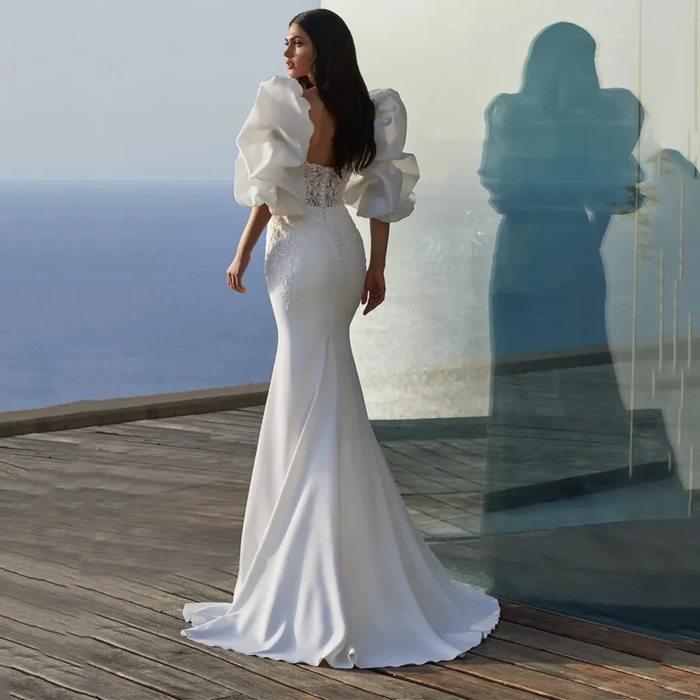 Tilxlear Paprasta undinėlės vestuvinė suknelė V-Neck Puff Half Sleeves Backless Zipper Floor Length Bridal Gown Vestido De Noiva Nauja
