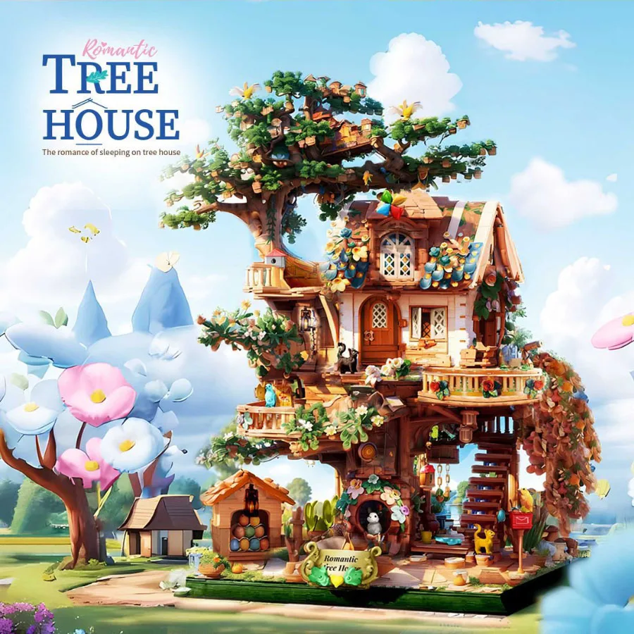 Tree House Street View architektūros serija Pavasario rudens perjungimas 2 variantų formos Mini statybinių blokų dalelių surinkimas Žaislai