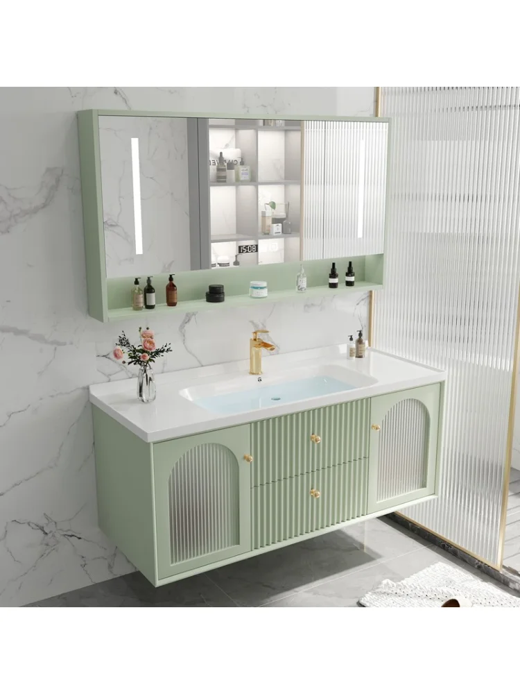 Ąžuolinė vonios spintelė Keraminė visa plautuvė Medžio masyvo paprastumas Modernus prancūziškas vonios kambario stalo plovimo baseino spintelių derinys