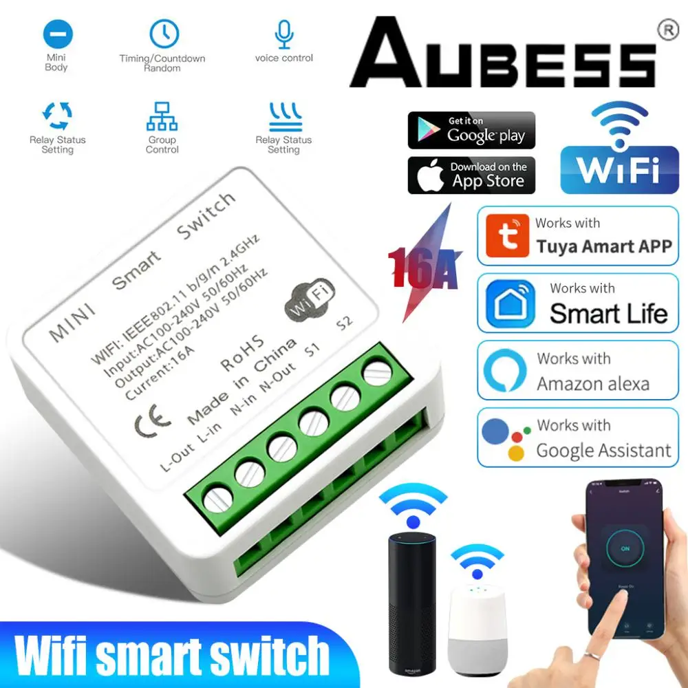 1~7PCS Tuya 16A Mini Wifi Smart Switch Light 220V palaiko 2 krypčių laiko valdymo automatikos modulį APP Alexa Home