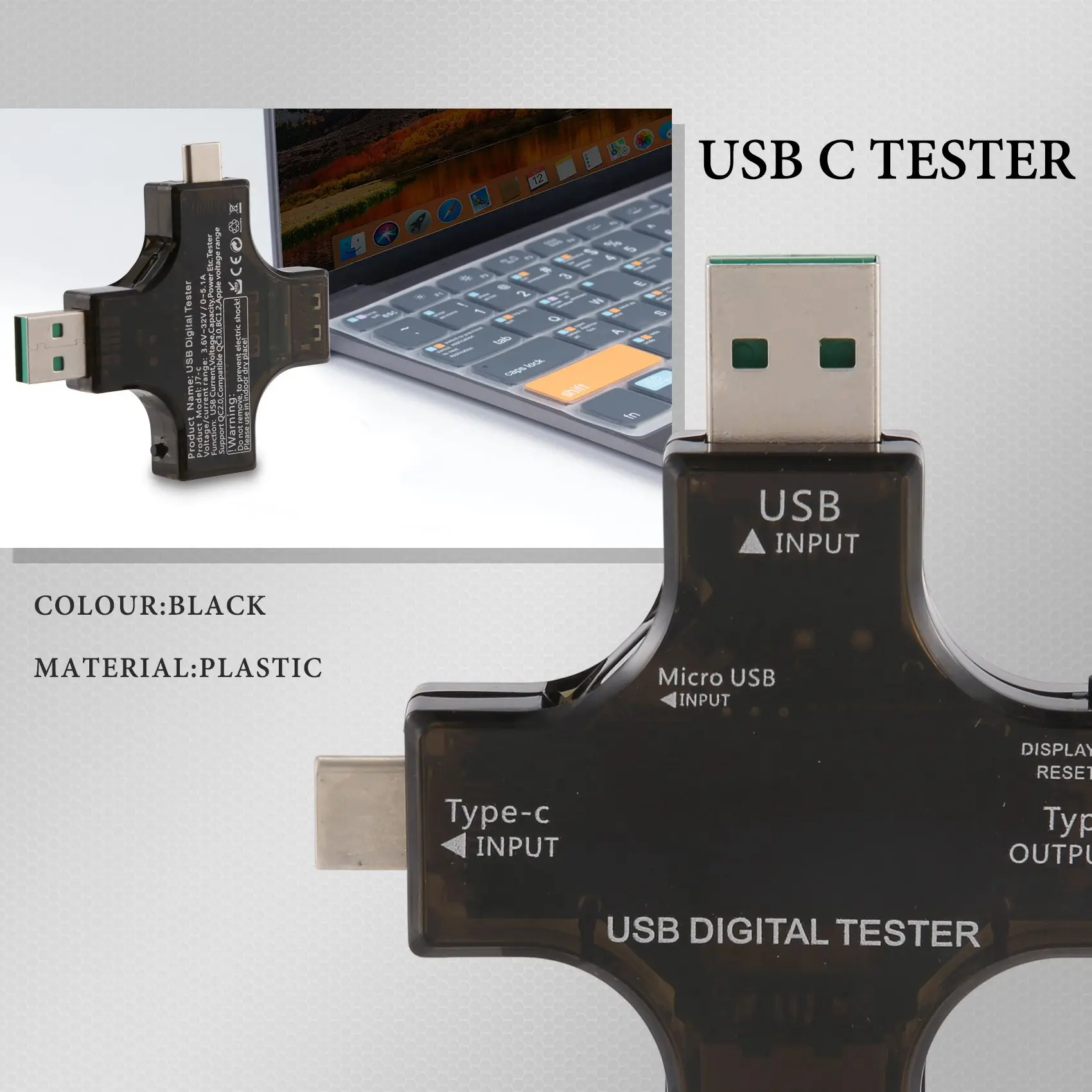 2 in 1 C tipo USB testeris spalvotas ekranas LCD skaitmeninis multimetras, USB C įtampos srovės voltmetras ampero voltmetro detektorius