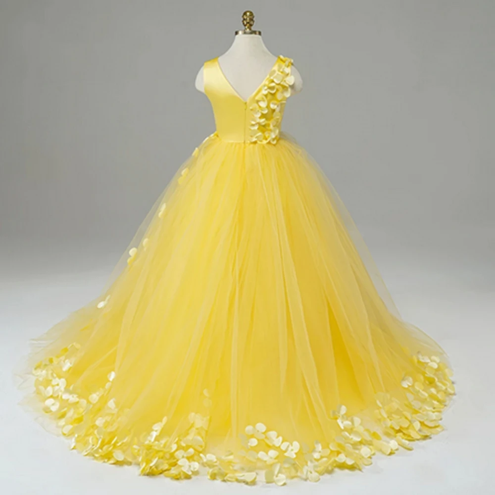 3D Aplikacija Tiulis Pūkuota gėlė Mergaitė Suknelė be rankovių Grindų ilgis Pageant Prom suknelė Vaiko gimtadienis Vestuvės Šventoji Komunija Suknelė