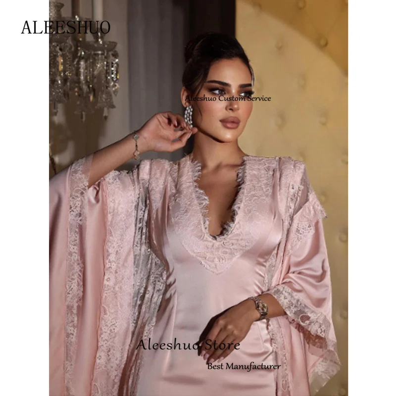 Aleeshuo Sexy Baby Pink Prom suknelės ilgomis rankovėmis nėriniai V-Neck Formal Party Mermai Ankle-Length Dubai Arabicفساتين سهره فاخره 2024