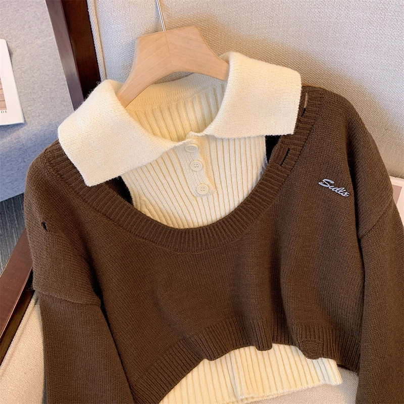 American Vintage Loose Pullovers 2024 Autum New Lapel Neck Slim Fit Sweaters Y2k E-Girl ilgomis rankovėmis megztos viršūnės Dviejų dalių rinkiniai