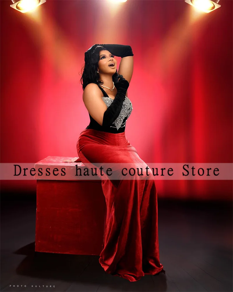 Aso Ebi Nigerijos Afrikos vakarinės suknelės 2024 Raudona undinėlė Karoliukų aplikacijos Prom suknelė Prabangios juodos moterys Oficialūs vakarėlių chalatai