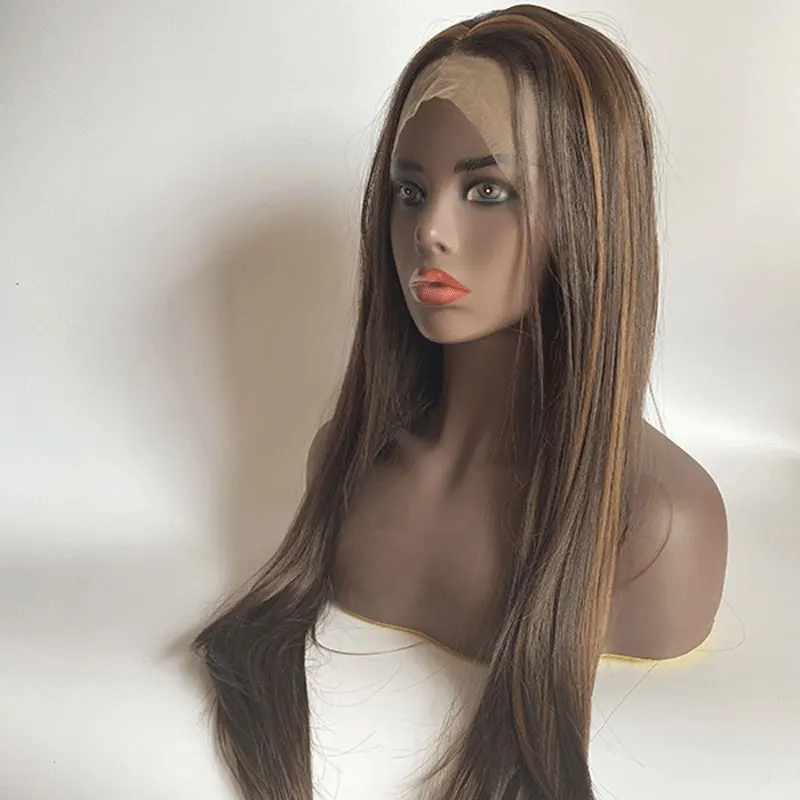 Aukso mišinys Tamsiai rudi sintetiniai plaukai Nėrinių priekinis perukas Be klijų Tiesus karščiui atsparus pluoštas Natūrali plaukų linija be moters
