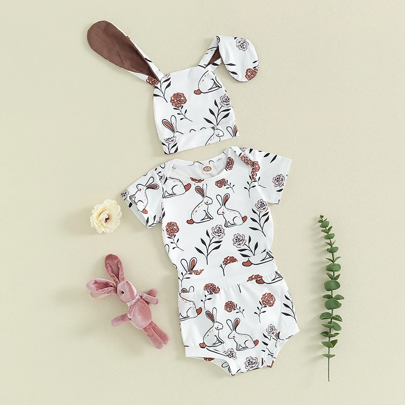 Baby Girl Velykų apranga Trumpomis rankovėmis Crewneck Bunny Rabbit Print Romper šortai su skrybėle Kūdikių Velykų drabužiai