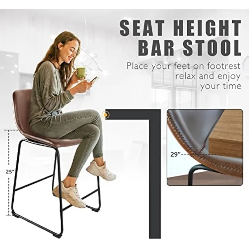 Baldų prekystalio kėdžių rinkinys 2, 24 colių prekystalio aukščio baro kėdės, dirbtinės odos prekystalio kėdės, metalinės kojos ir minkštas atlošas