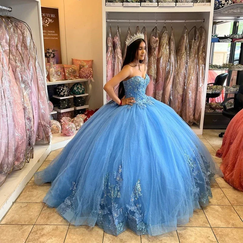 Blue Ball Gown Quinceanera Dresses 15 Party Glitter Tiulio aplikacija Oficialus maskaradas Pelenės gimtadienio suknelė