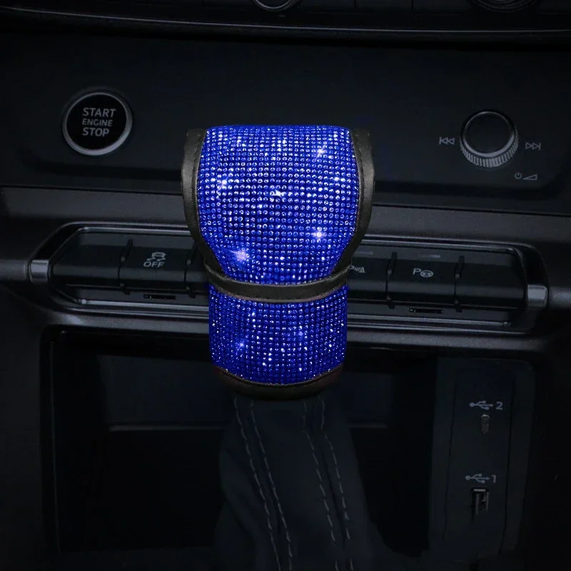Blue Rhinestone Automobilio galinio vaizdo veidrodėlis Rankinio stabdžio pavarų perjungimo porankis Dangtelis Pečių pagalvėlės dekoro rinkinys Bling Automobilių aksesuarai moterims