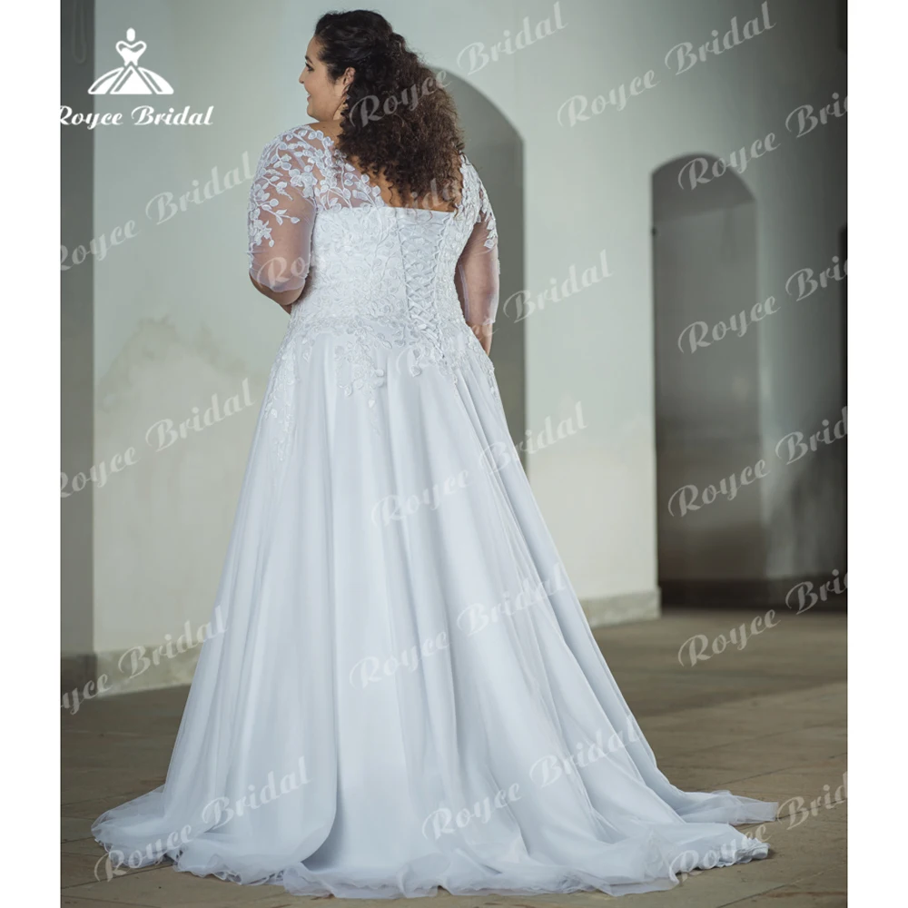Boho V-Neck plius dydžio vestuvinės suknelės nuotakai trijų ketvirčių rankovėmis A linijos nuotakos suknelė Nėriniuotos aplikacijos šlavimo traukinio chalatas De Mariée