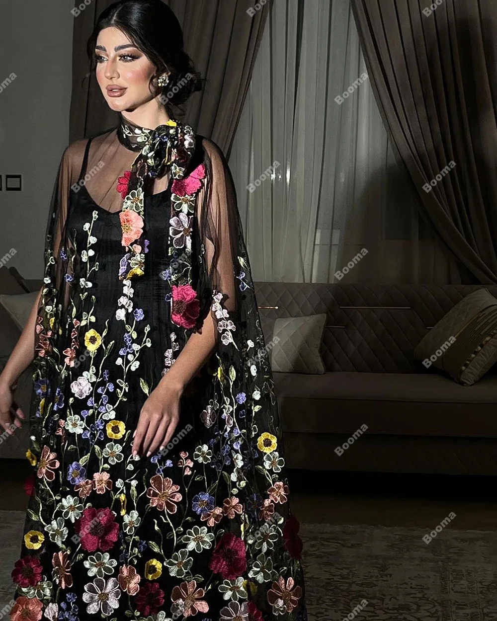 Booma Saudo Arabija Siuvinėjimas Gėlių vakarinės suknelės Pusė rankovių Specialios progos Suknelės Gimtadienis Vestuvių vakarėlis Prom chalatai