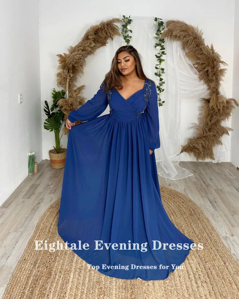 Eightale Blue Prom suknelės V-Neck aplikacijos Karoliukais ilgomis rankovėmis A-Line Šifono vakarinis vakarinis chalatas Femme Soiré