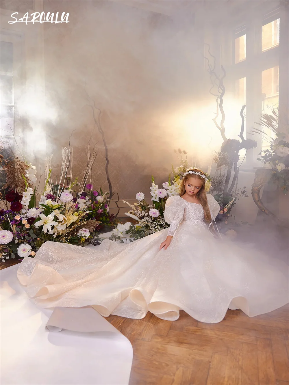 Elegantiški blizgučiai Žibintų rankovės Gėlių suknelės Romantiškos aplikacijos Suknelė iki grindų vaikams Grakštus Vestidos De Novia