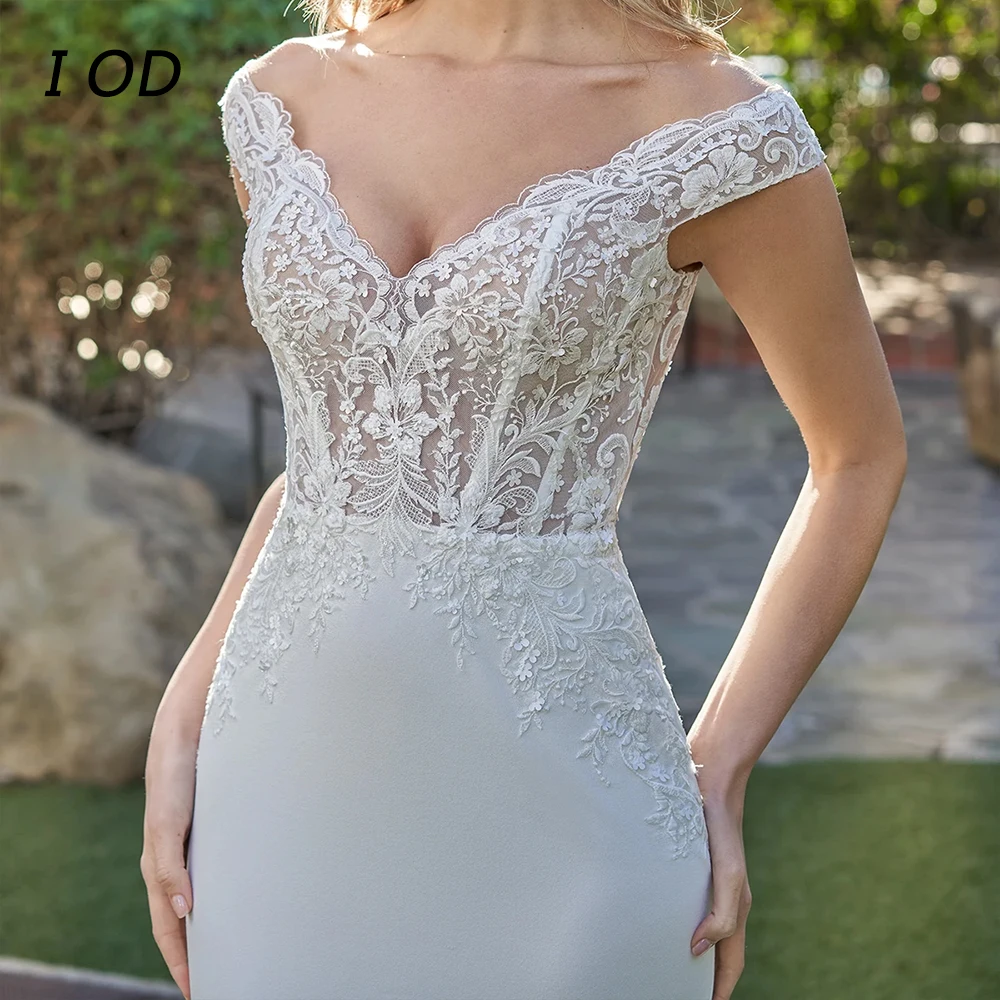 I OD Elegantiška V formos kaklo undinėlės vestuvinė suknelė nuo pečių nėrinių aplikacijos Iliuzijos mygtukas Grindų ilgis Nuotakos suknelė Vestidos Nauja