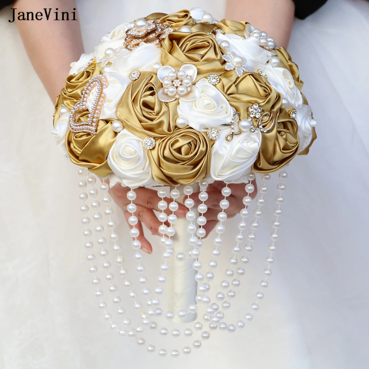 JaneVini Luxury Light Gold Ivory Flowers Bridal Saugh Bouquets Pearls Artificial Satin Roses Rhinestone Papuošalai Vestuvių puokštė