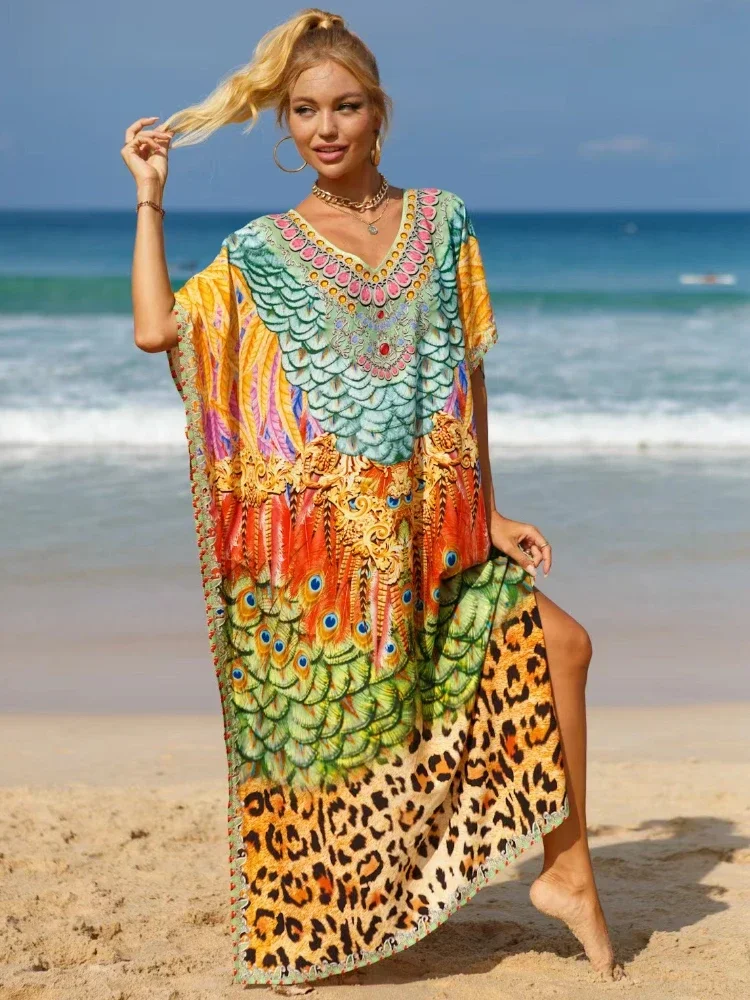 Kaftan suknelės Tropiniai spausdinti maudymosi kostiumėlių viršeliai Moterys Elegantiškas Maxi chalatas Atostogų maudymosi kostiumai Dropshipping Karštas pardavimas